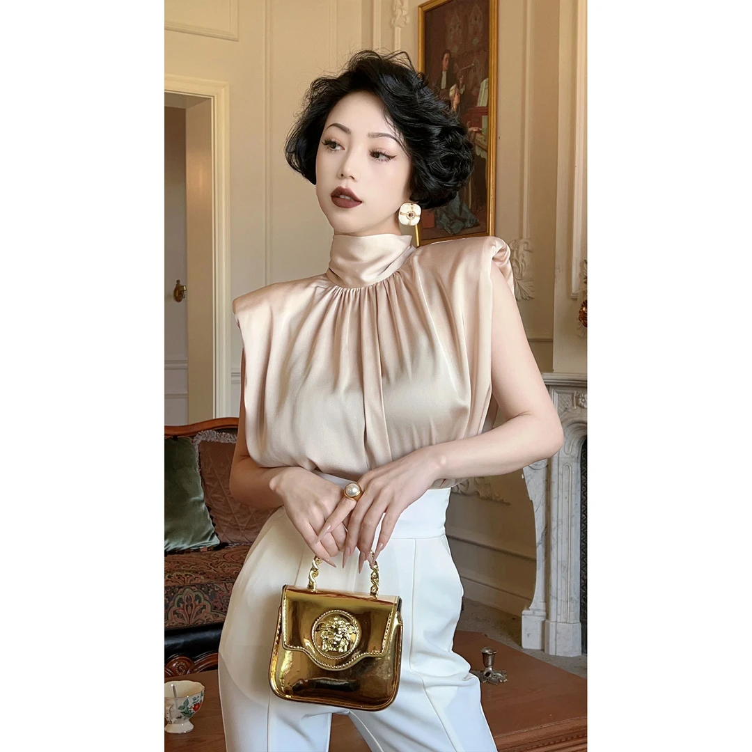 LYXJ【瑰丽诗篇】夏季法式中高领时尚无袖气质凉爽亲肤上衣200237