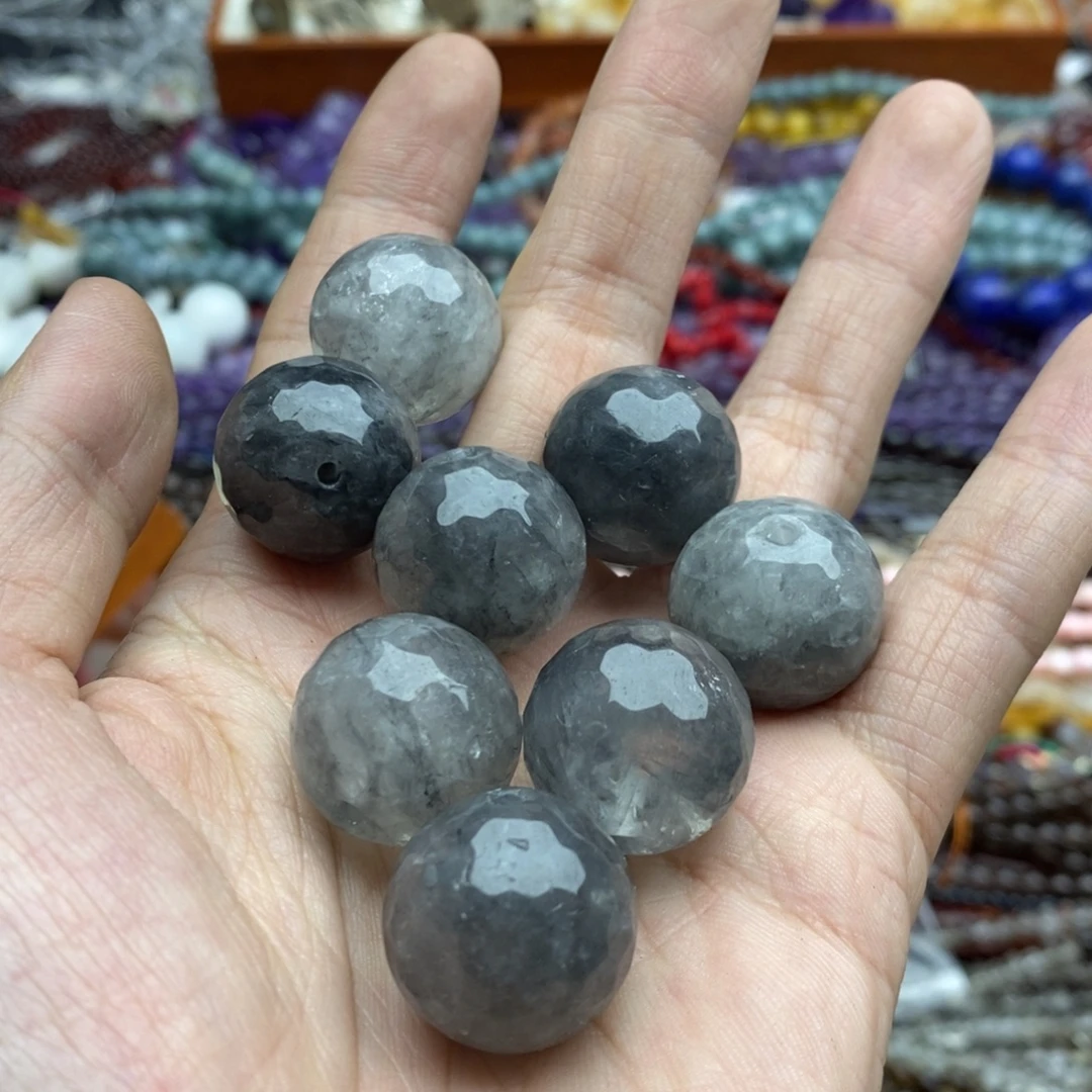 玛瑙/玉髓未镶嵌珠宝半成品两个天然20mm灰水晶切面圆珠