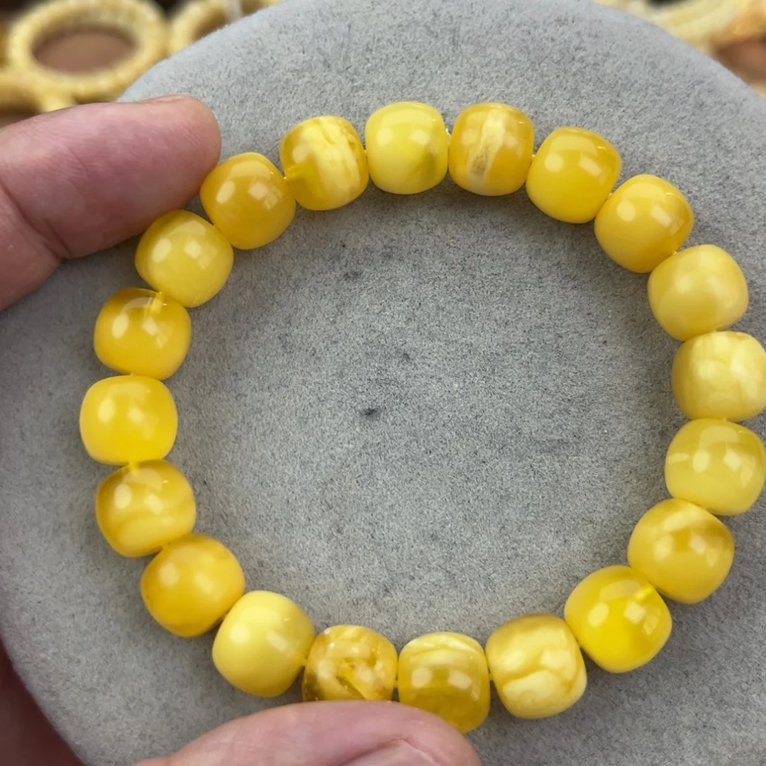 明***肉蜜蜡未镶嵌手串纯天然俄料金白11.5*10.5腕口18+微瑕