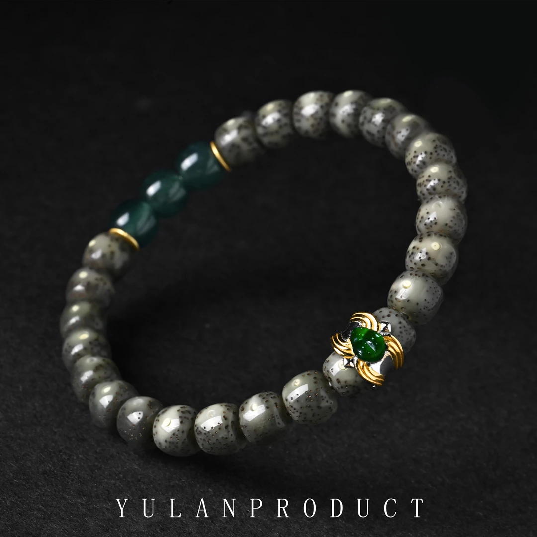 钰澜文玩【钰翡噬金虫】星月菩提8*7糯冰+噬金虫卡环+翡翠三连搭配