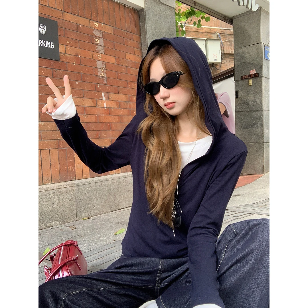 连帽假两件哺乳长袖t恤女2025早秋新款修身显瘦打底衫喂奶上衣秋