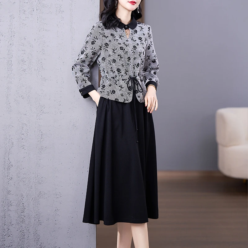 韩穆气质优雅假两件套装连衣裙2025年秋装时尚新款妈妈装高端裙子