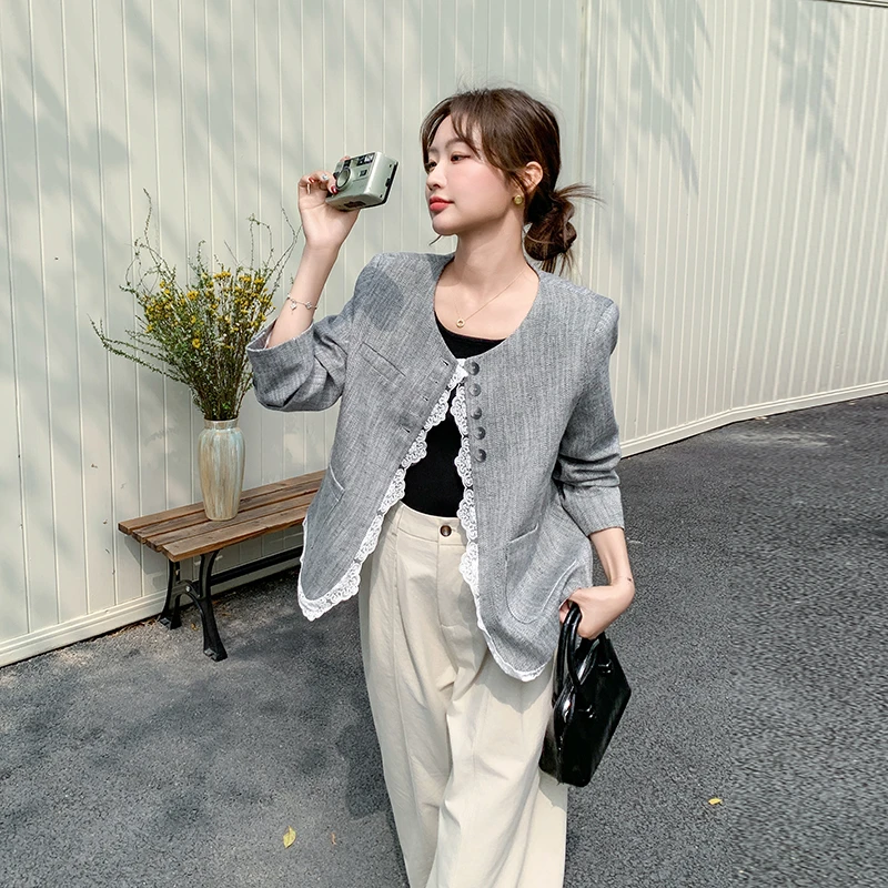 时尚韩版气质休闲蕾丝宽松拼接灰色西装外套女短款感洋气小西服