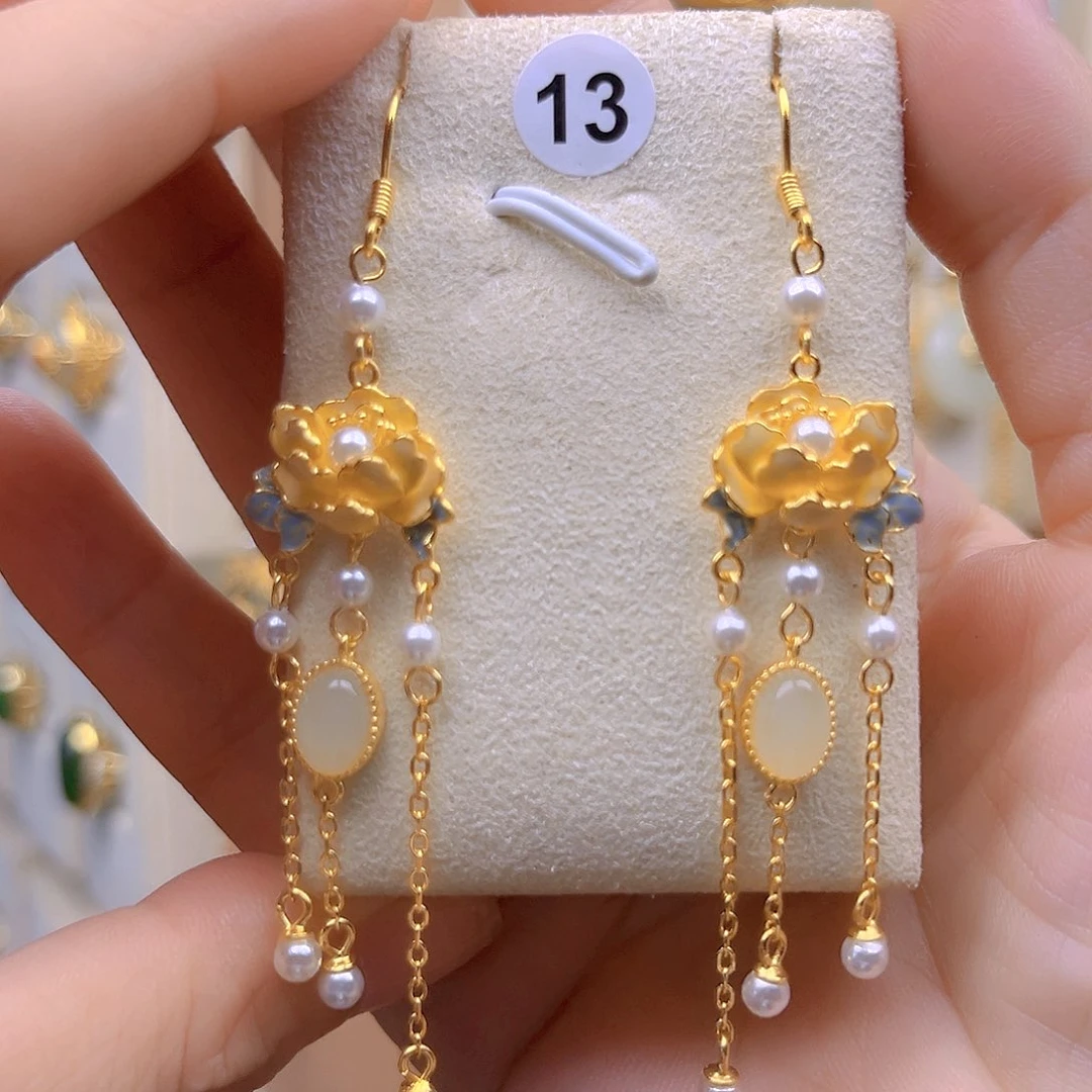 和田玉银S925镀金镶嵌耳饰