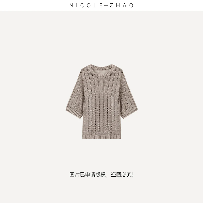 4NDT018【贵姐NICOLE】设计师高端定制亚麻针织五分袖