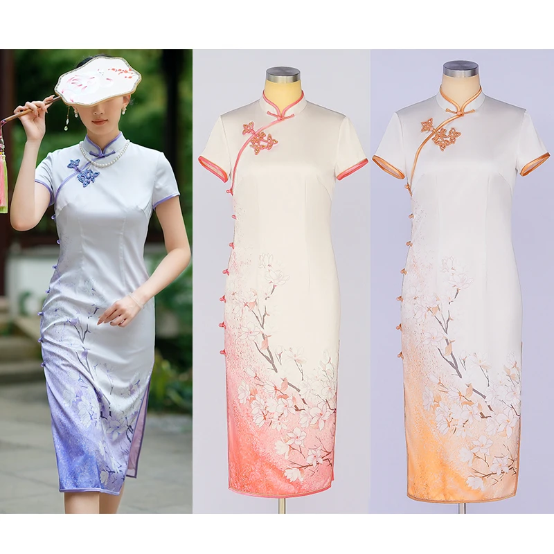 手工旗袍55065 55064 55063 金吴针旗袍全开襟气质优雅修身日常