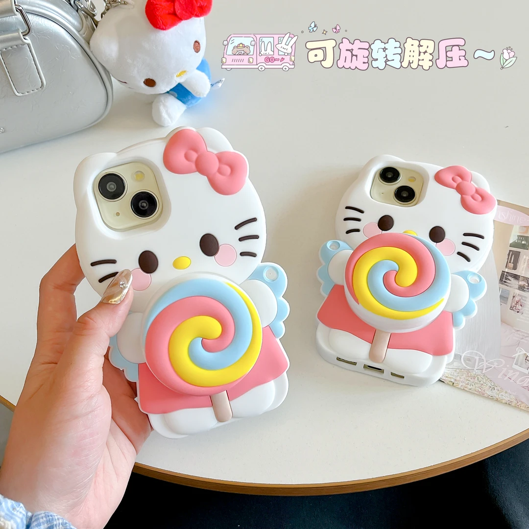 苹果|旋转棒棒糖kitty猫支架可爱女款适用iPhone16卡通硅胶手机壳