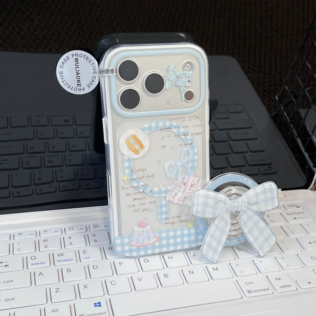 磁吸2合1双层蓝色蝴蝶结一体ai按键适用苹果iPhone17promax手机壳
