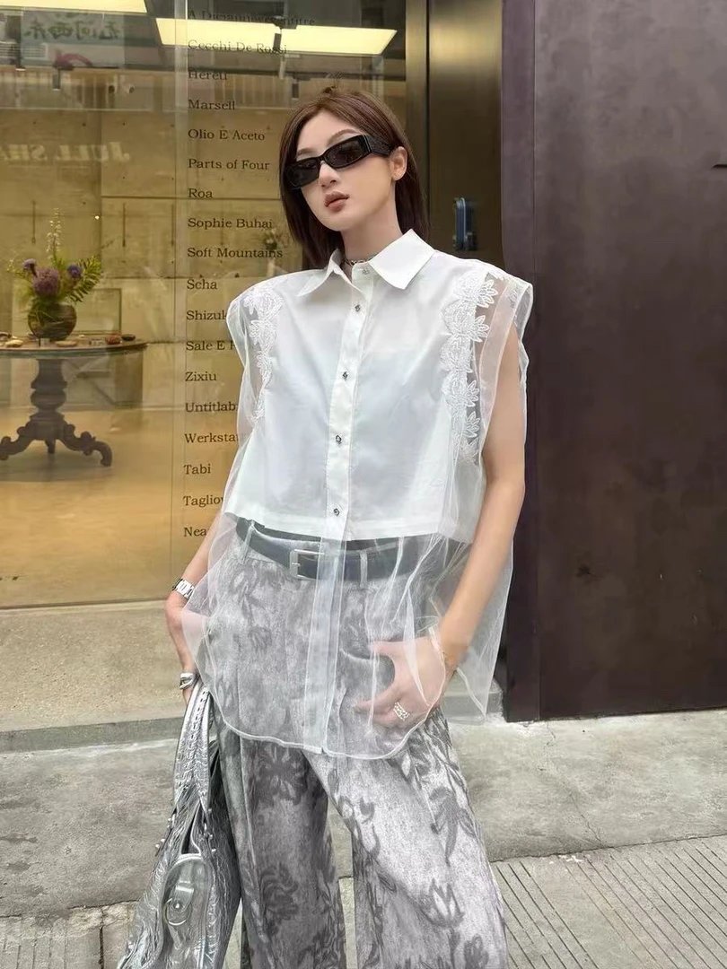 【5172】女#设计感网纱蕾丝拼接衬衫上衣