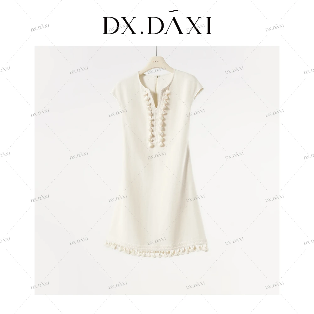 代大喜【流苏麻裙】连衣裙优雅温柔气质流苏夏季新款百搭短袖显瘦裙