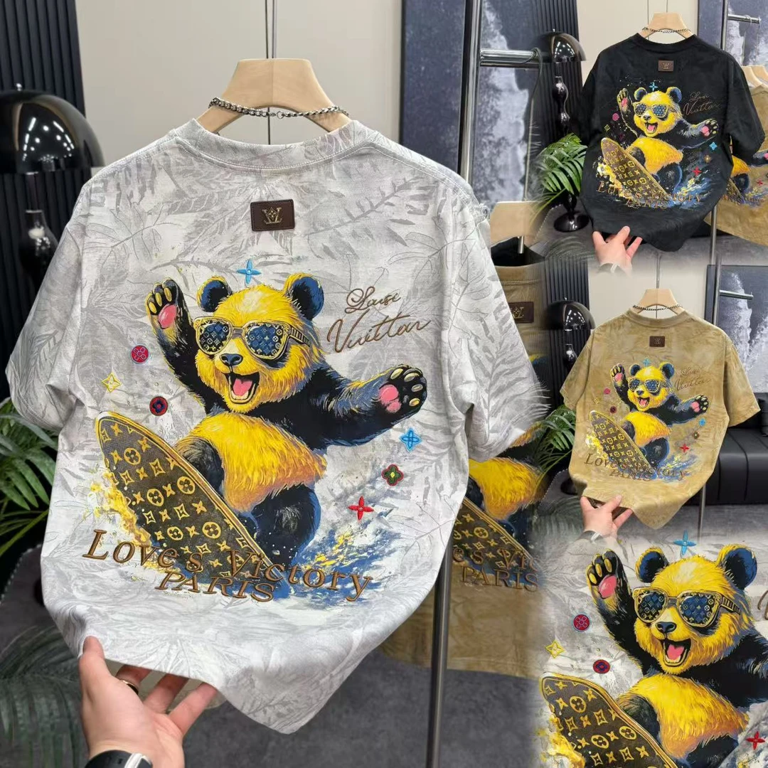 夏季新款功夫熊猫彩绘刺绣图案潮牌痞帅男士短袖百搭半袖T恤82109