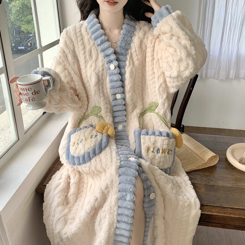 睡衣女冬季珊瑚绒睡袍女冬款法兰绒加绒加厚中长款开衫家居服睡裙