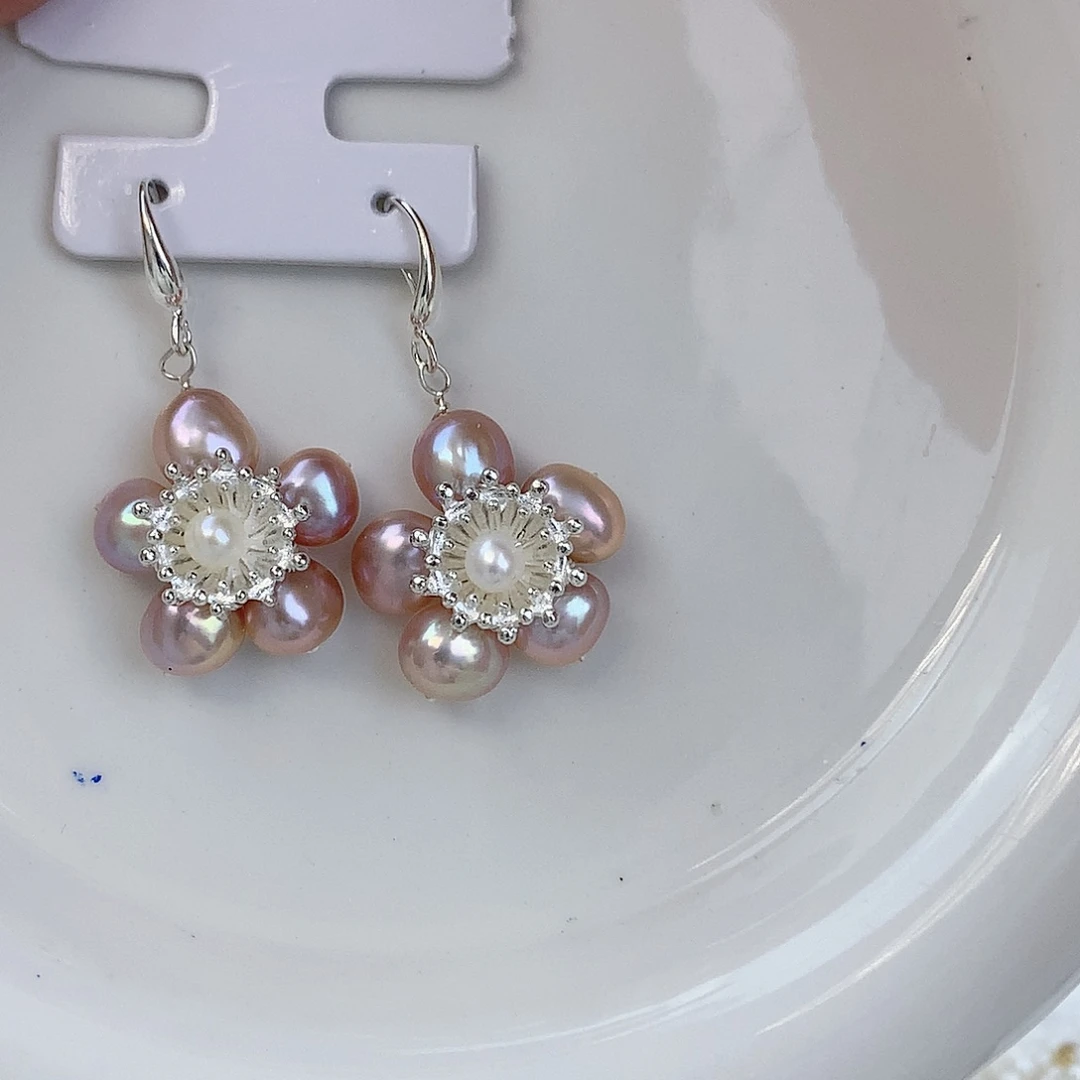 银S925镶嵌耳饰淡水珍珠紫花耳钩