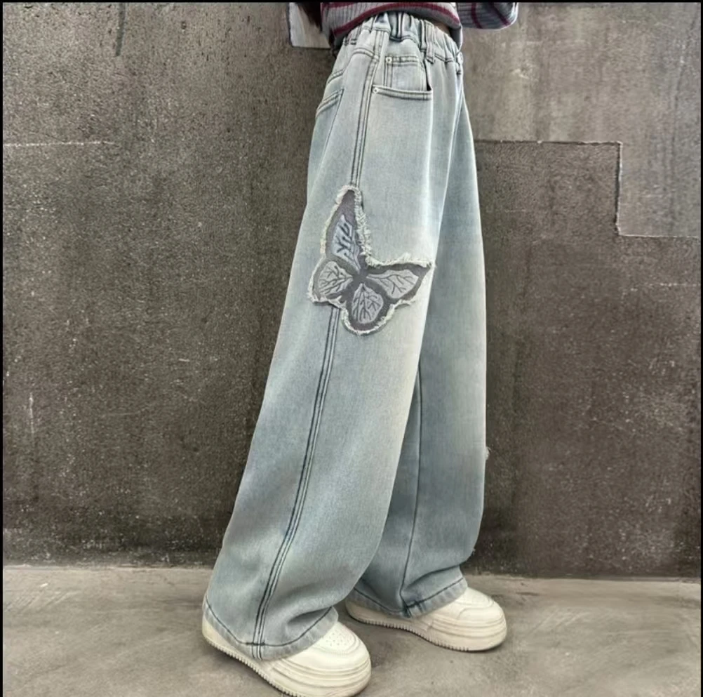 春秋女童蝴蝶牛仔裤9-15岁10中大童女孩外穿宽松直筒裤子春秋款