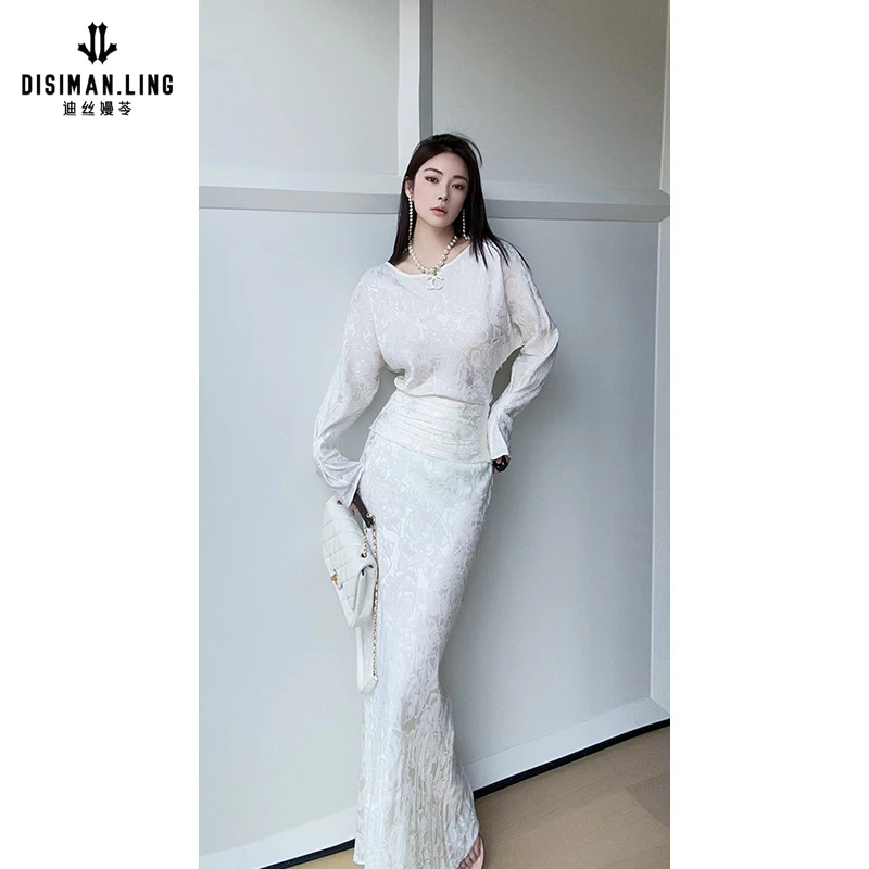 迪丝嫚苓白色连衣裙气质轻奢时尚印花修身时尚百搭小众设计感原创