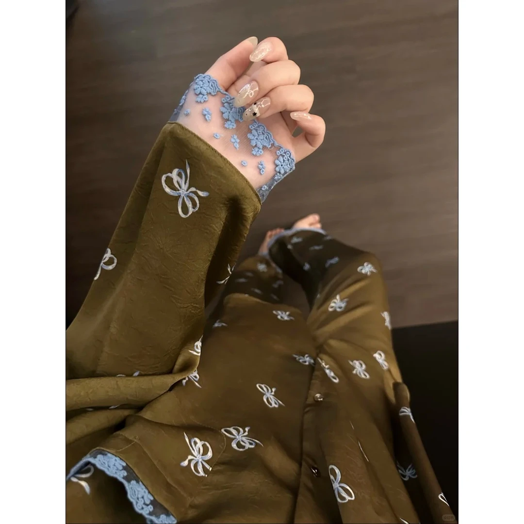 甜美轻奢蕾丝边蝴蝶结印花冰丝睡衣女夏季新款长袖长裤套装家居服