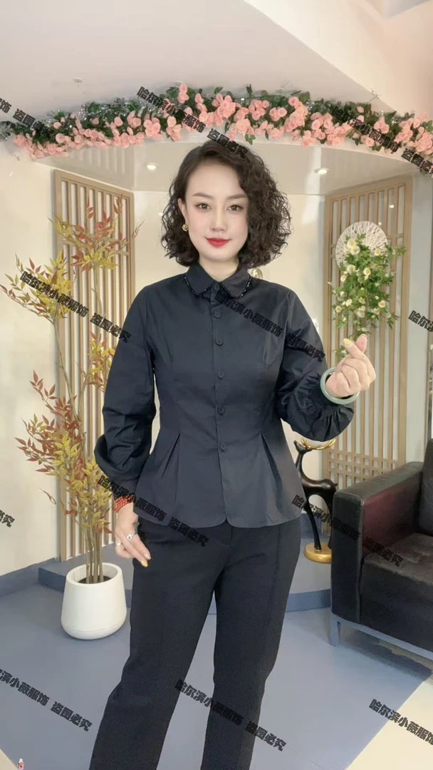 时尚百搭修身显瘦设计感掐褶收腰气质感缝珠纯色长袖衬衫L5563