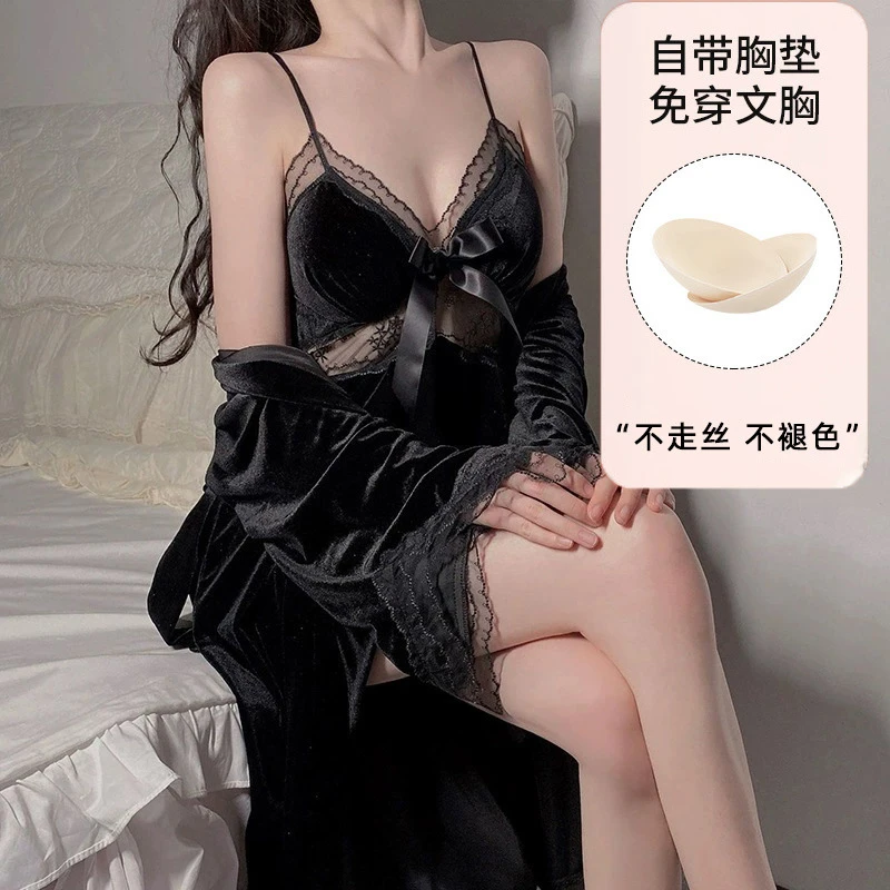 【夜蝴蝶】2025新款秋冬高级面料睡衣女性感吊带睡袍纯欲蕾丝家居服