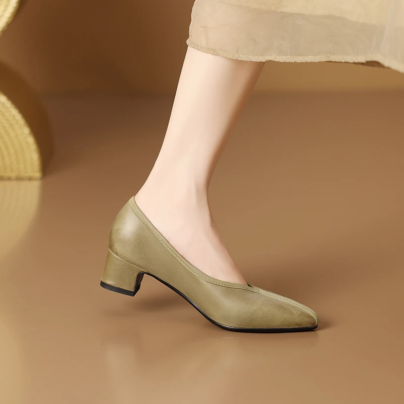 3.5CM，头层羊皮法式中跟女单鞋浅口粗跟奶奶鞋软皮高跟头层软皮女
