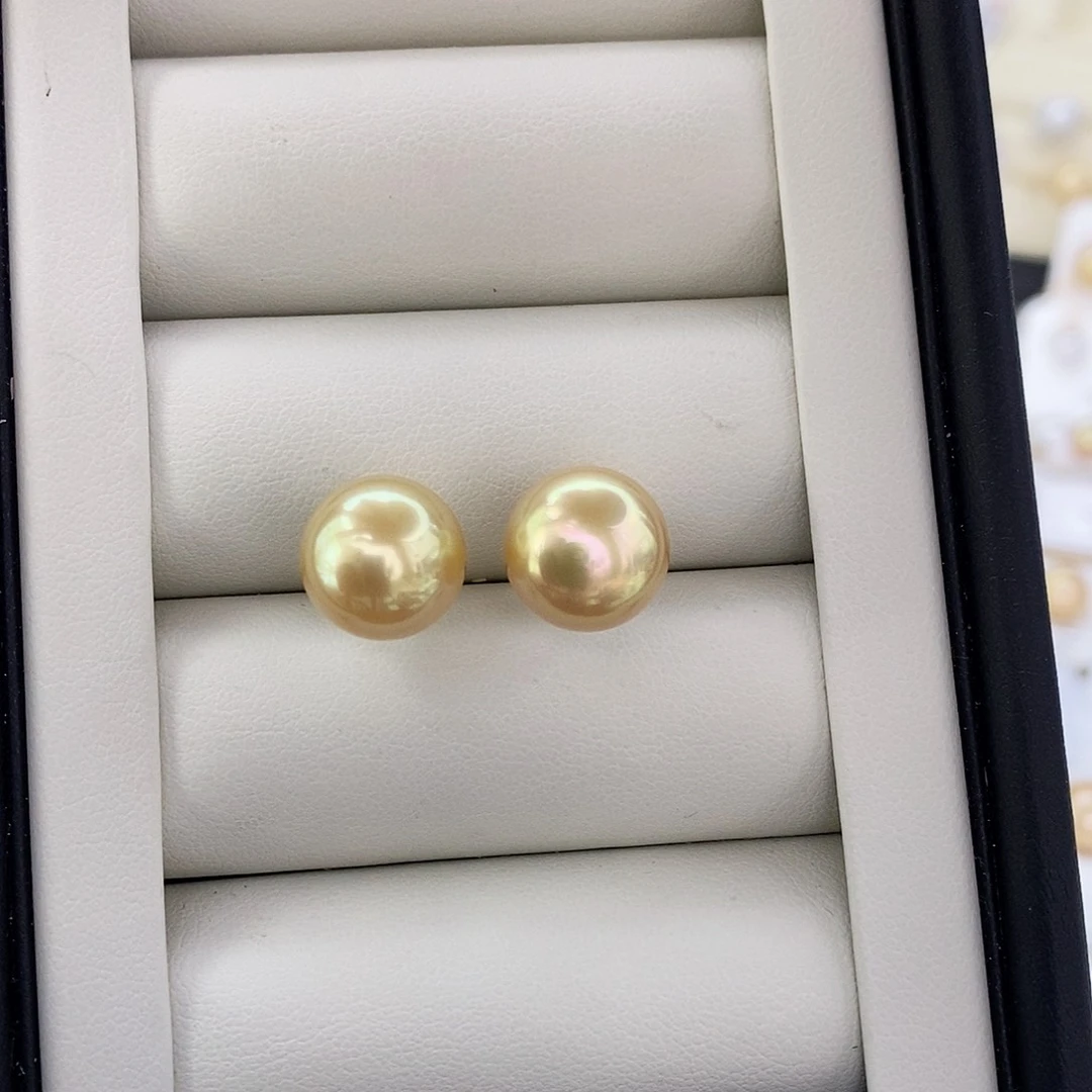 18K金镶嵌耳饰海水珍珠浓茶金耳钉1.5/11.6mm