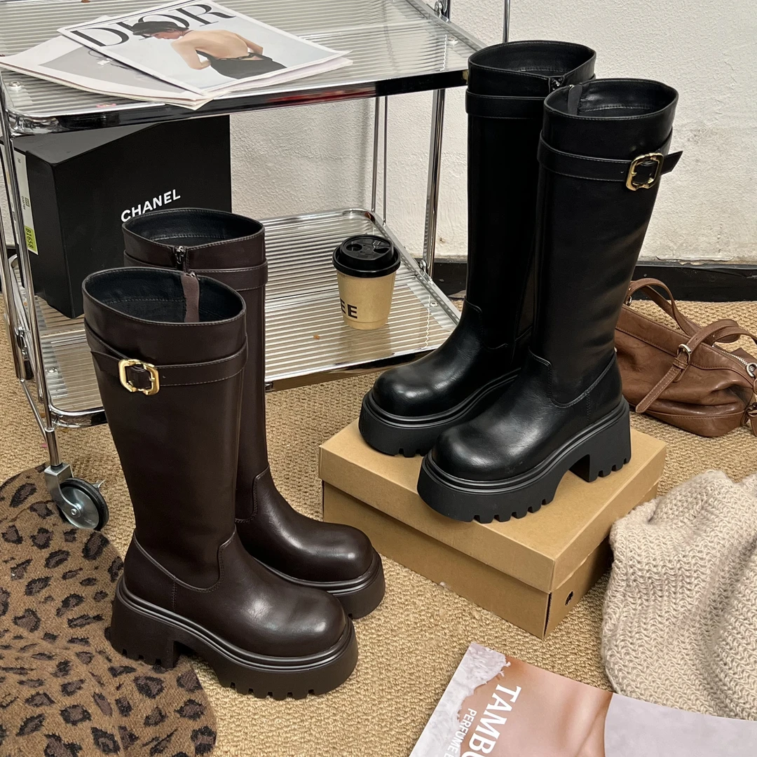 糖糖「鎏金厚底骑士靴」8cm时装靴长筒靴中筒厚底圆头长靴;EDX55960