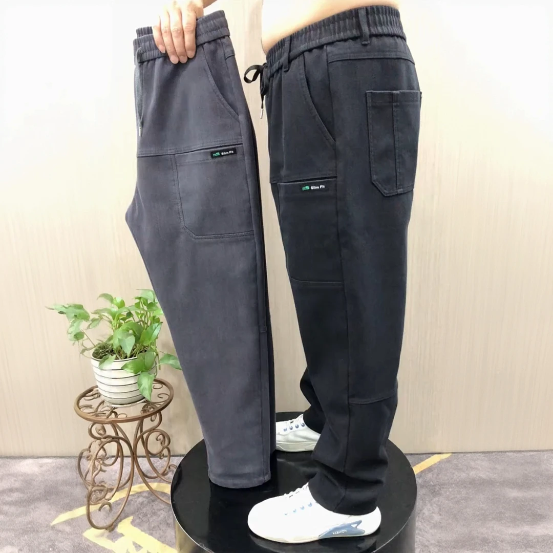 1096春秋男士简约时尚百搭六兜松紧腰宽松大码老爹牛仔直筒裤