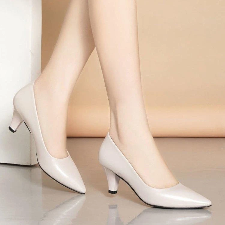时尚软皮职业尖头浅口工作鞋女单鞋2025年春季新款皮鞋高跟鞋女鞋