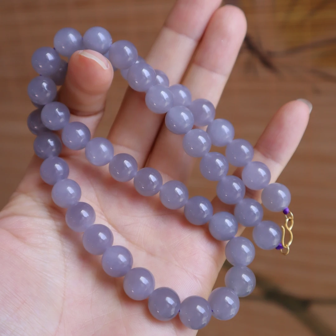 天然和田玉青海料冰烟紫圆珠约10mm项链18.K金扣颈链气质女@4537