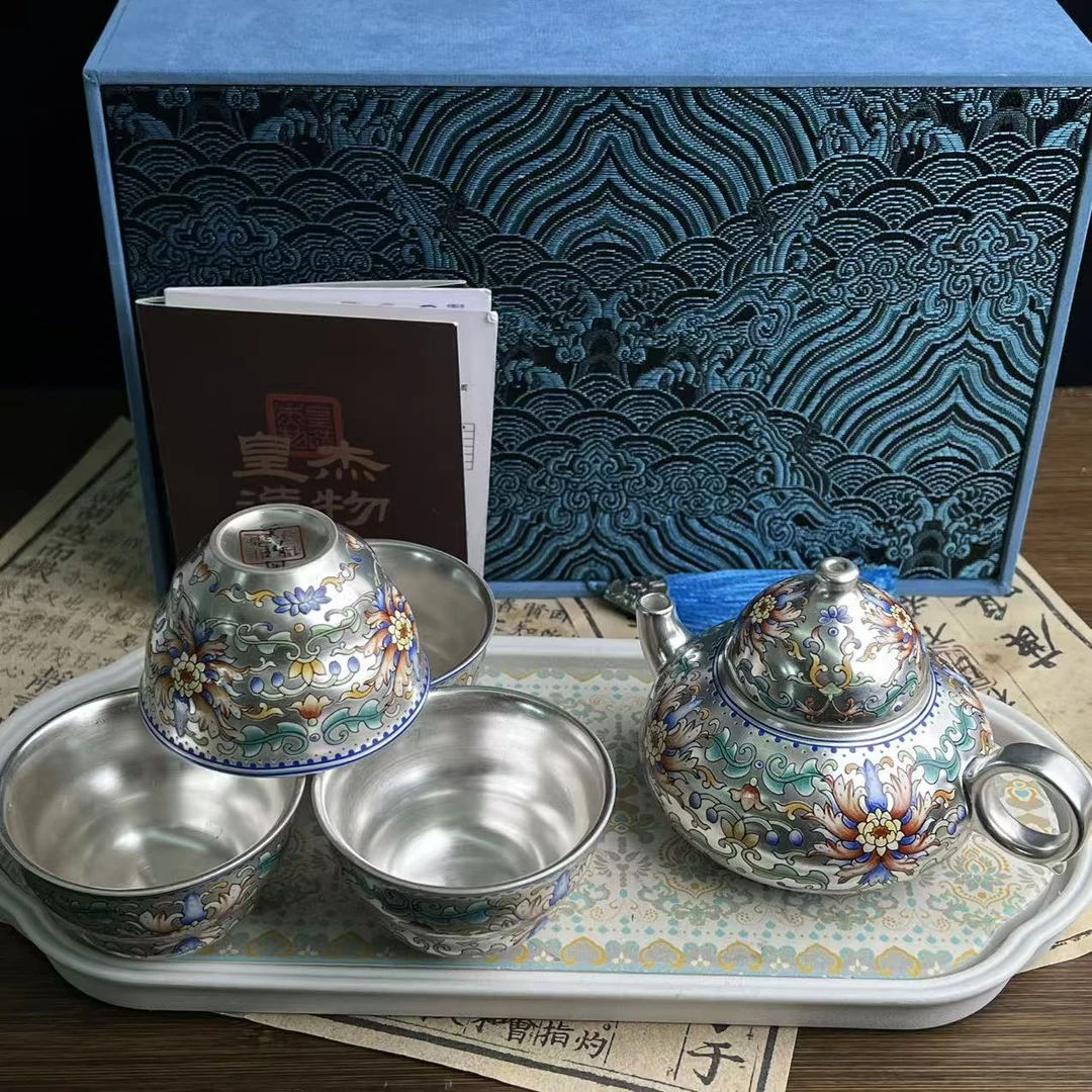 莲花掐丝葫芦银壶+四杯+茶盘@ZH935