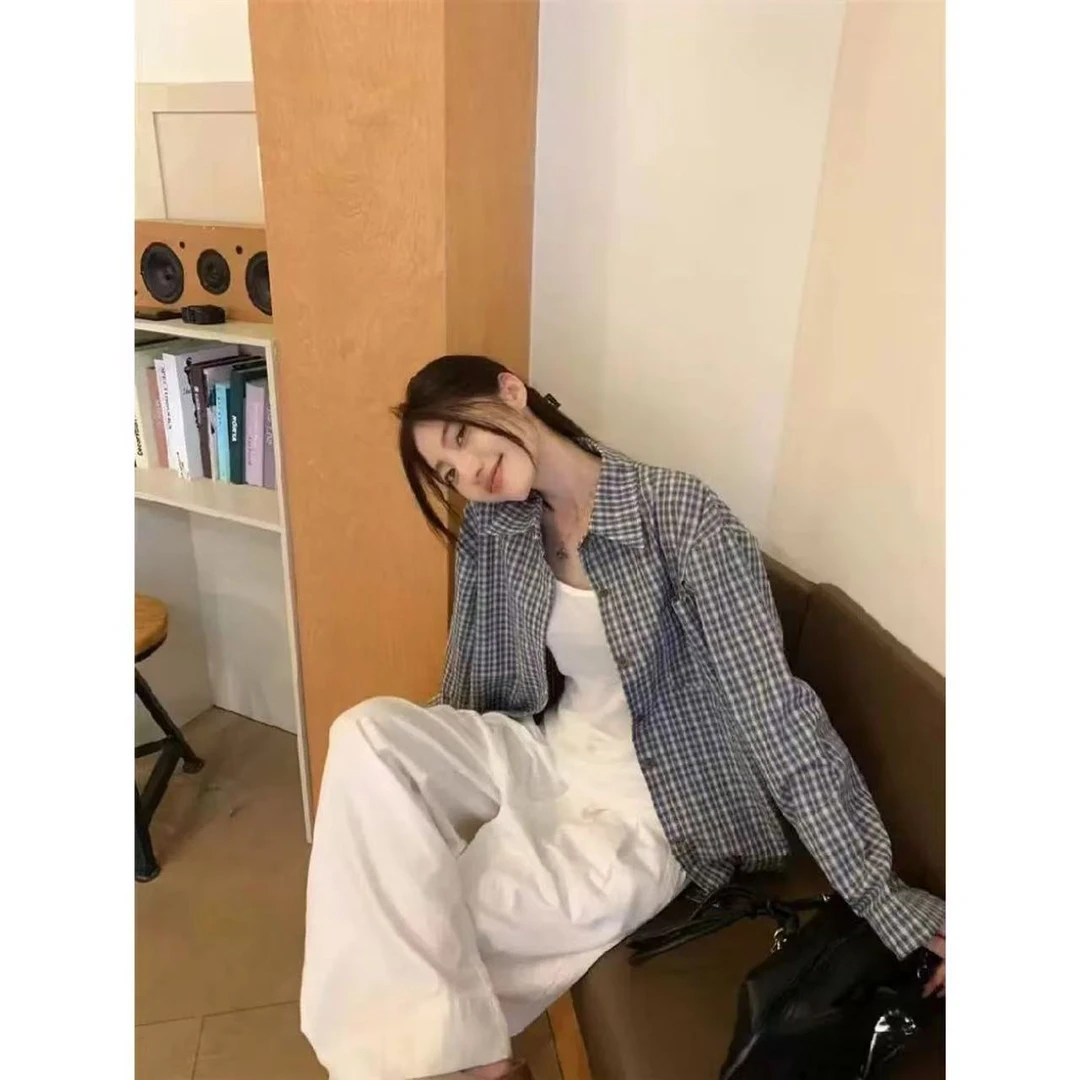 复古宽松慵懒风格子衬衫女早秋新品韩版休闲简约长袖格纹外套