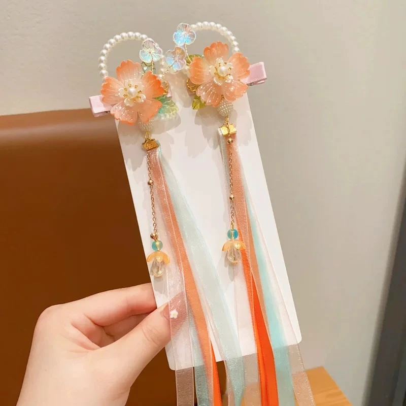 新款汉服头饰女儿童古装花朵飘带发夹小女孩超仙流苏发卡发饰4451