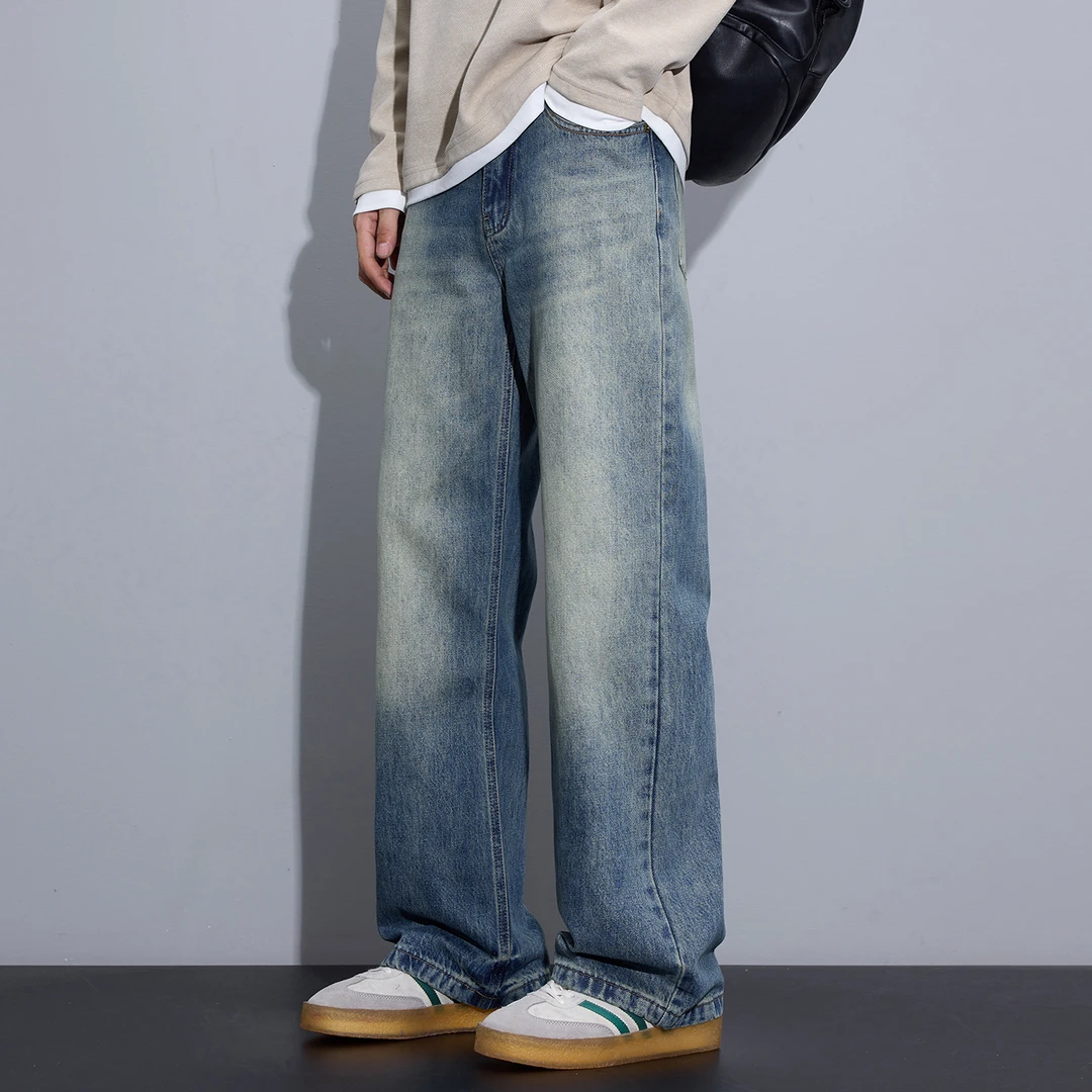 Kuvine2025秋季新款复古做旧宽松直筒潮流美式百搭微喇牛仔裤男士