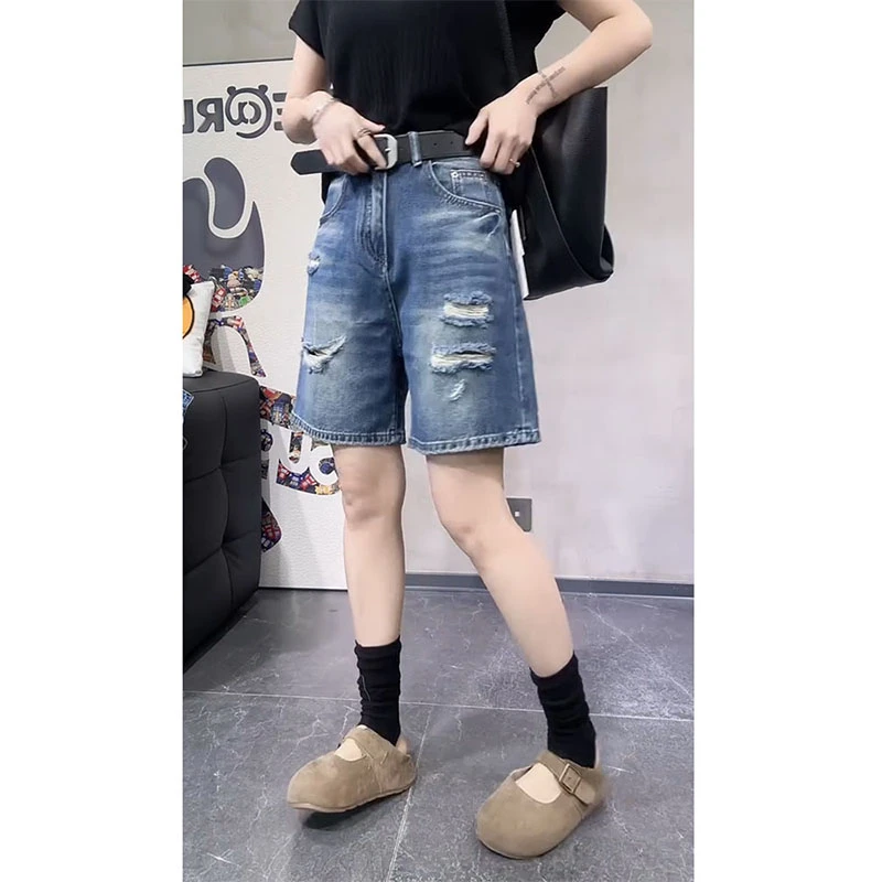 梨形身材破洞牛仔短裤女2025夏季薄款大码高腰遮胯a字阔腿四分裤