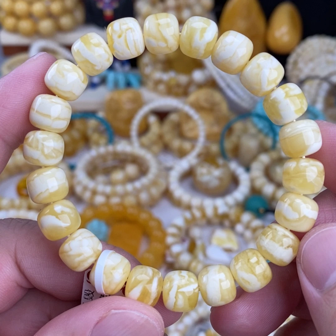 蜜蜡未镶嵌手链瓷白细纹虎皮纹10mm