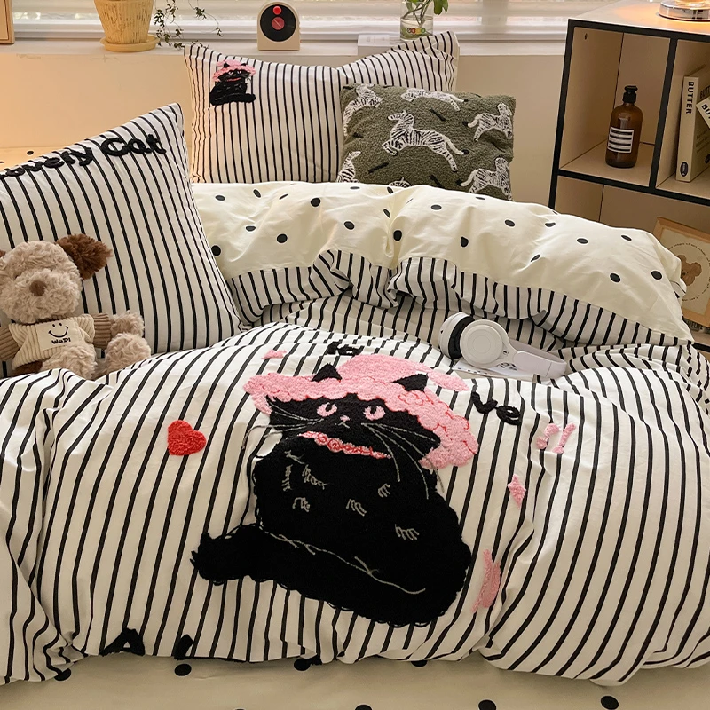 可爱卡通毛巾绣全棉多巴胺四件套纯棉少女床单被套三件套床上用品