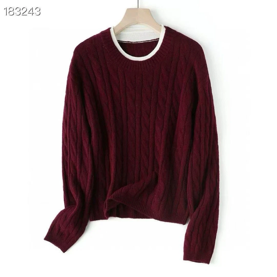 【贝希】圆领假两件套头麻花针织