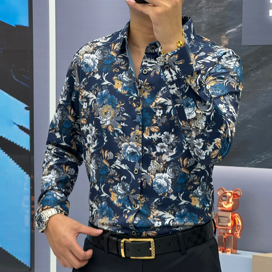 25秋季蚕丝羊毛男士抗皱免烫出游印花高品质男士时尚百搭长袖衬衫