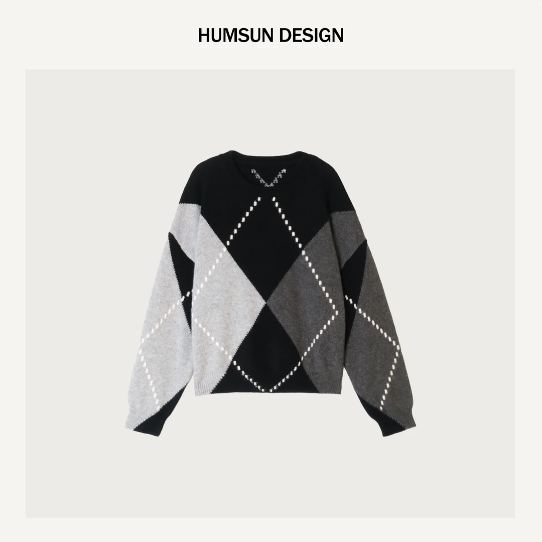 HUMSUN/禾木笙「阿尔盖」绵羊毛&兔毛菱格嵌花松弛柔暖针织衫 5D116