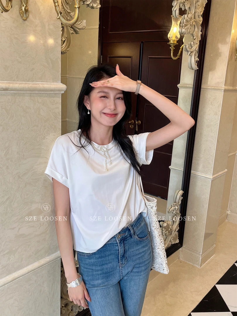 凉感冰丝SZE领口珍珠链设计钉珠圆领连身袖显瘦短袖T恤