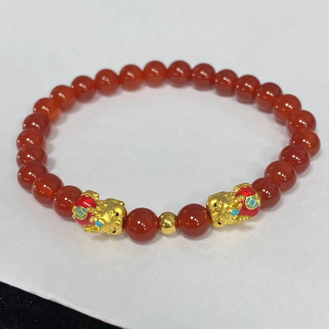 足金999两个烧蓝款貔貅宝宝+卡4古法金珠双龙戏珠玛 瑙手串@@A111