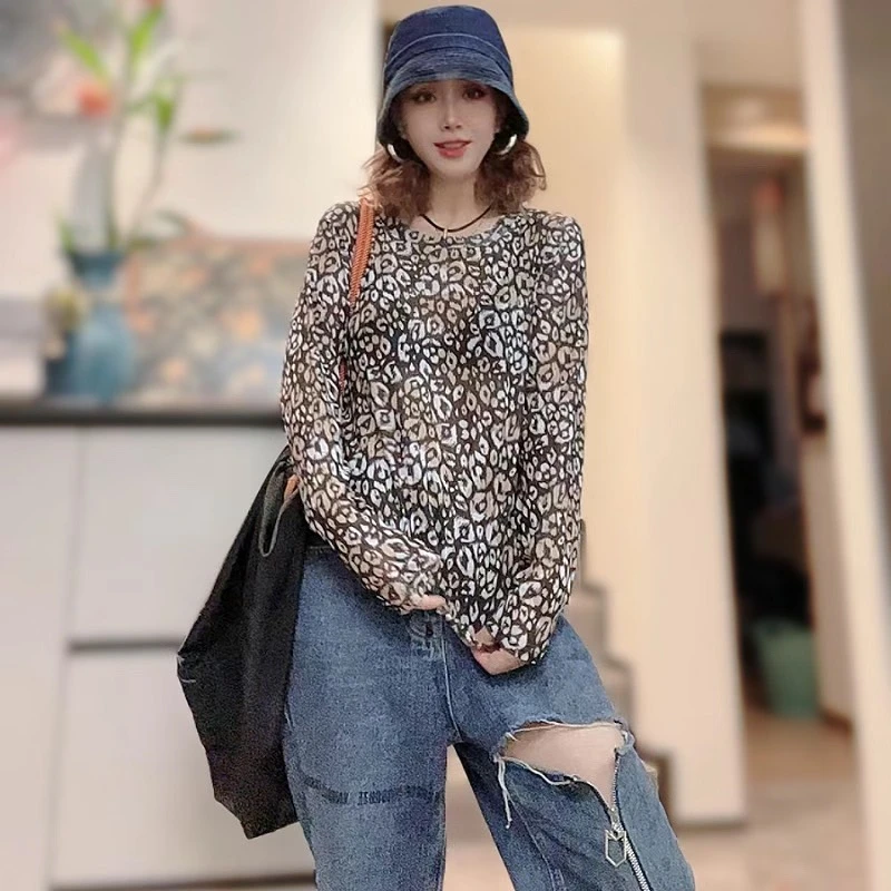 时尚网纱打底衫女长袖圆领套头上衣原创新款t潮牌印花个性防晒T恤