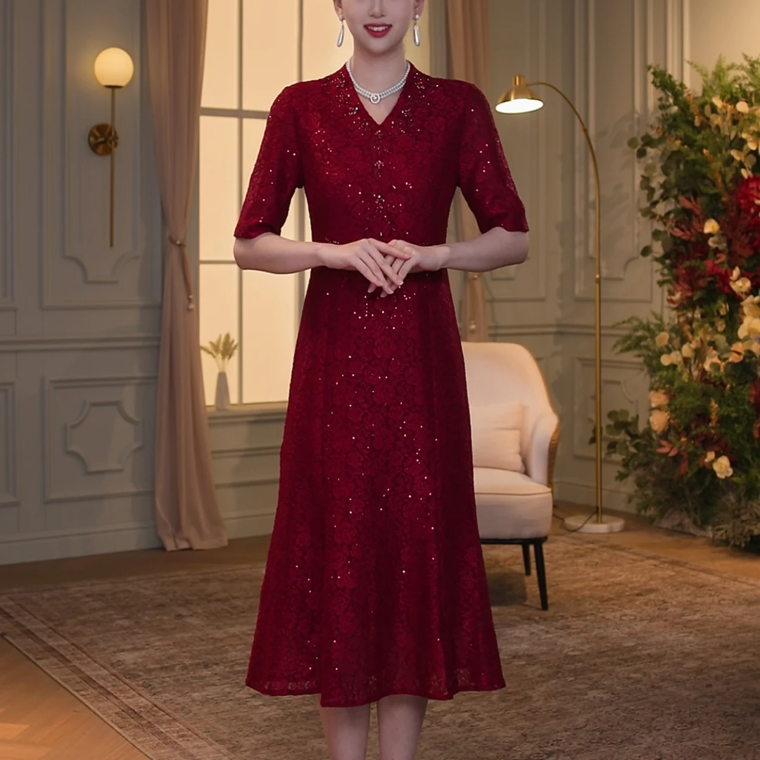 【香妮芬】83299夏新款石榴红气质连衣裙短袖高档鱼尾裙婚宴