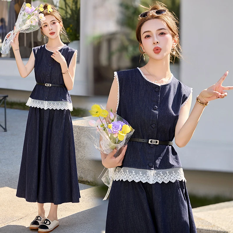 法式蕾丝拼接牛仔套装裙2025春季新款气质高级感马甲半身裙三件套