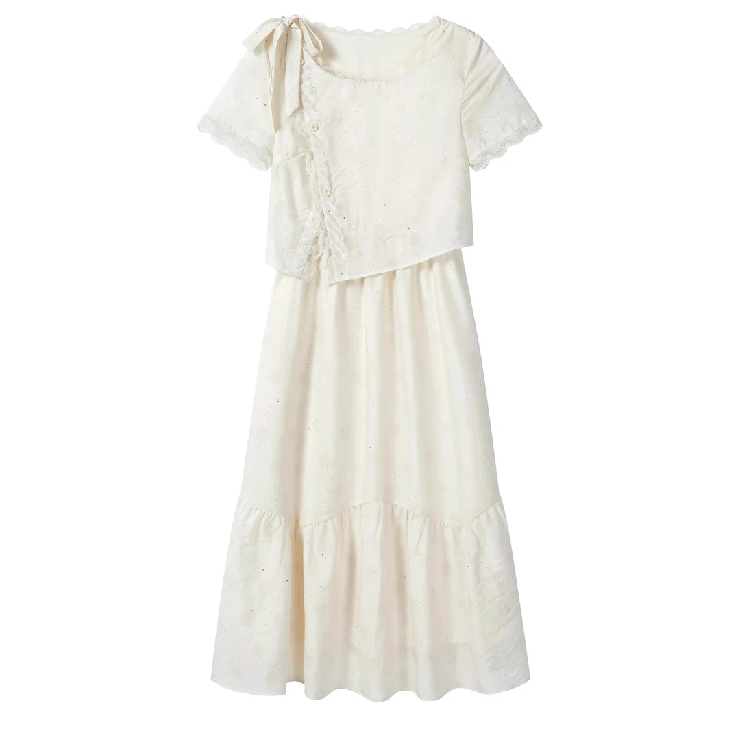 羊城故事-法式杏色蕾丝花边短袖连衣裙新款甜美高级长裙Y50751648