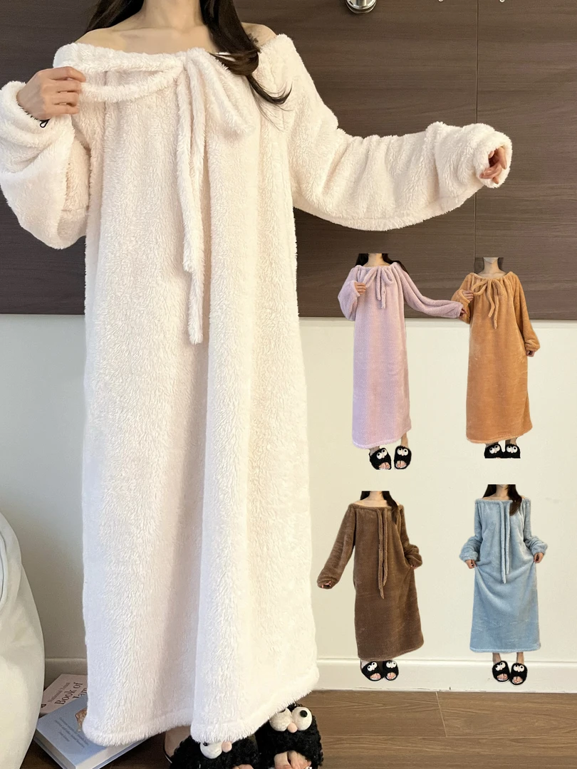 【少女心事】一字领系带高个子睡衣女睡裙冬季加厚家居服宽松保暖