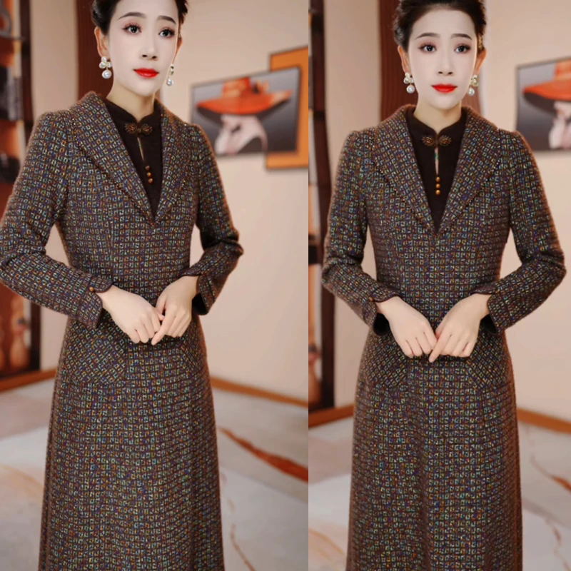 咖色格纹秋冬新款修身显瘦遮肉连衣裙H5B340气质高雅时尚