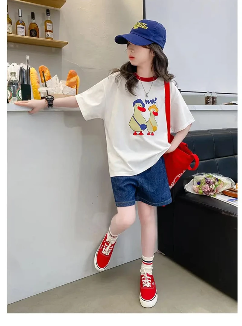 女童夏季休闲套装2025新款中大童洋气韩版卡通短袖牛仔短裤两件套