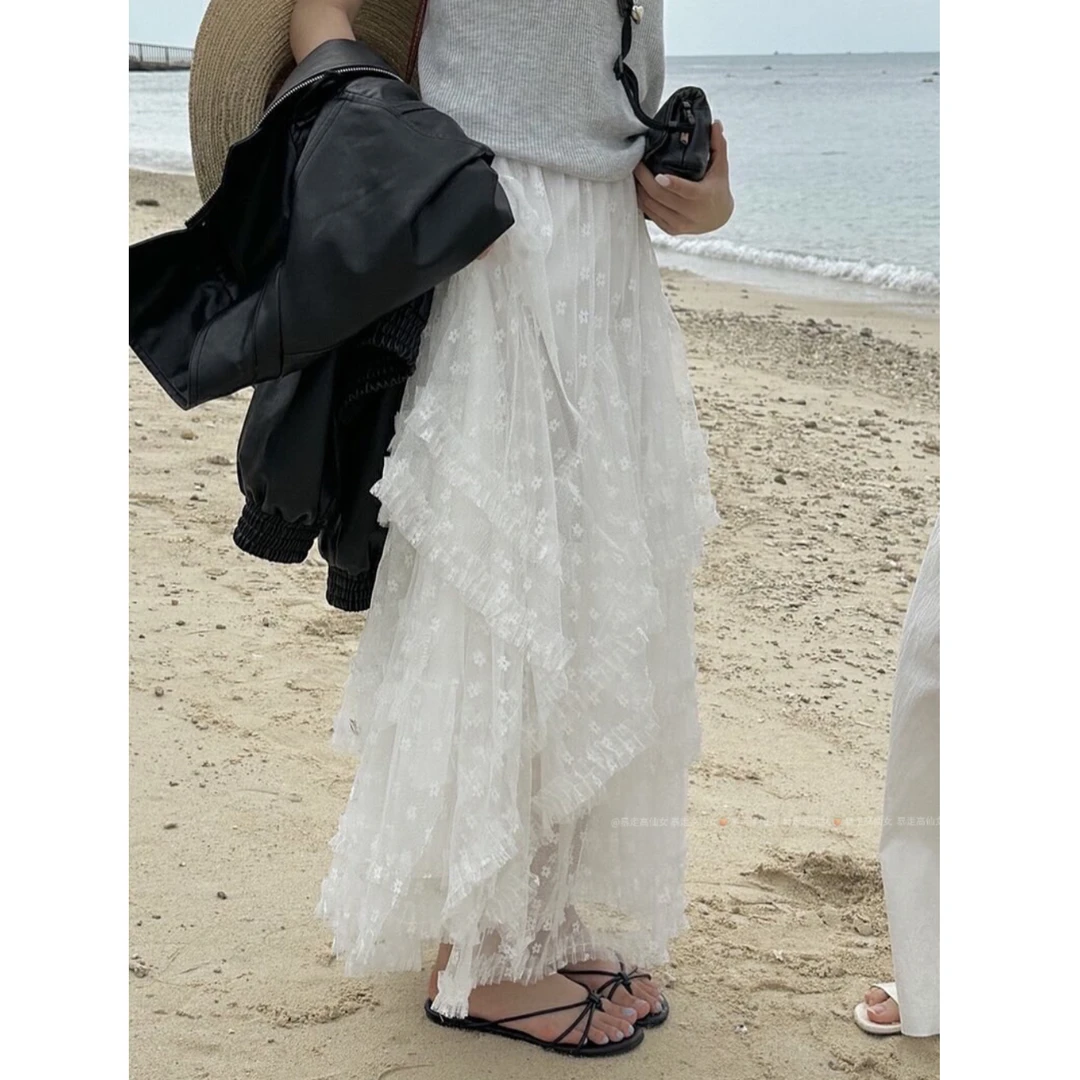 暴走高仙女175高个子加长白色网纱蕾丝高腰半身裙女2025夏蛋糕裙