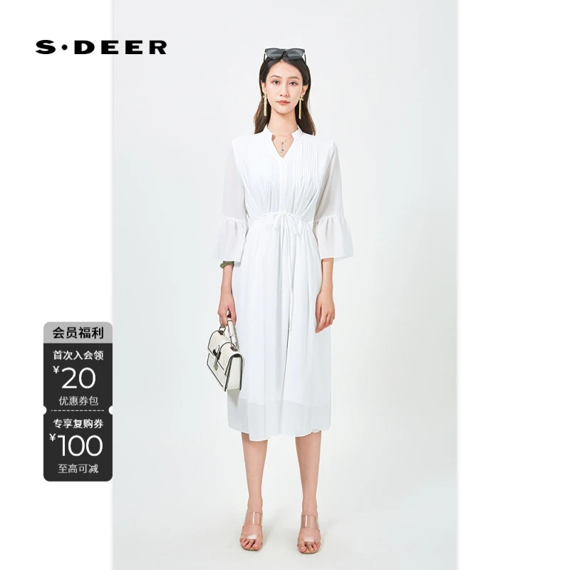 S·DEER圣迪奥女装简约显瘦百搭轻奢高端夏季看球连衣裙遮肉修身