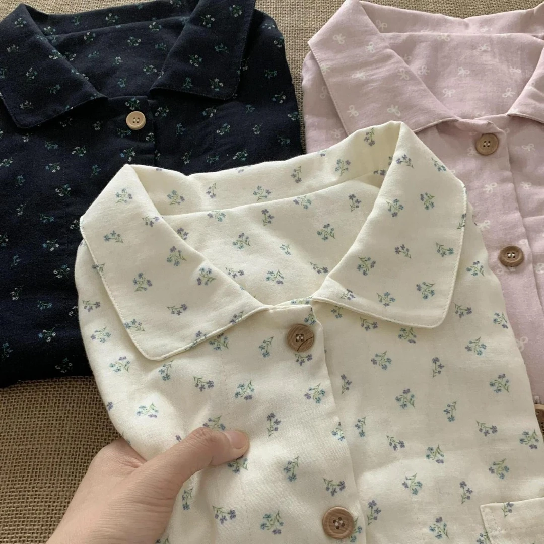 【羊狮狮】夏季 A类纯棉碎花翻领短袖长裤纯棉双层纱睡衣家居服